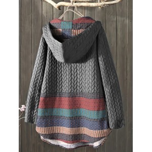 Tribal Print Long Sleeve Hooded Padded Jacket, Casual Button Front Loose Hem Outerwear, Women's Clothing