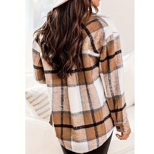 Plaid Print Pocket Button Front Jacket, Casual Collared Long Sleeve Outerwear, Women's Clothing