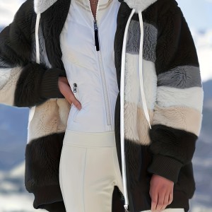 Color Block Hooded Teddy Coat, Casual Zip Up Long Sleeve Winter Warm Outerwear, Women's Clothing