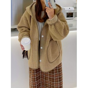 Solid Hooded Teddy Coat, Casual Button Front Long Sleeve Winter Outerwear, Women's Clothing