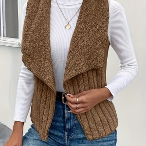 Waterfall Collar Open Front Vest, Versatile Fuzzy Sleeveless Outerwear For Fall & Winter, Women's Clothing