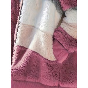 Color Block Fuzzy Hooded Coat, Casual Long Sleeve Winter Warm Outerwear, Women's Clothing