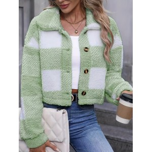 Plaid Teddy Coat, Casual Button Front Long Sleeve Winter Warm Outerwear, Women's Clothing