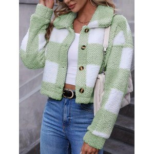 Plaid Teddy Coat, Casual Button Front Long Sleeve Winter Warm Outerwear, Women's Clothing