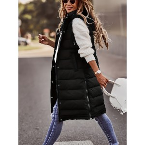 Hooded Sleeveless Coat, Casual Long Length Versatile Winter Warm Outerwear, Women's Clothing