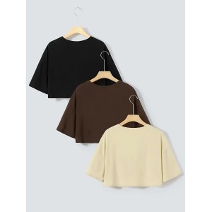 3 Packs Crew Neck Crop T-Shirts, Casual Short Sleeve Top For Spring & Summer, Women's Clothing