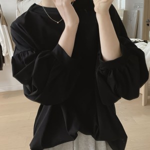 Solid Crew Neck T-Shirt, Casual Lantern Sleeve Top For Spring & Fall, Women's Clothing