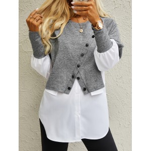 Colorblock Button Decor Asymmetrical T-Shirt, Casual Paneled Long Sleeve Top For Spring & Fall, Women's Clothing