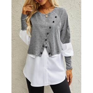 Colorblock Button Decor Asymmetrical T-Shirt, Casual Paneled Long Sleeve Top For Spring & Fall, Women's Clothing