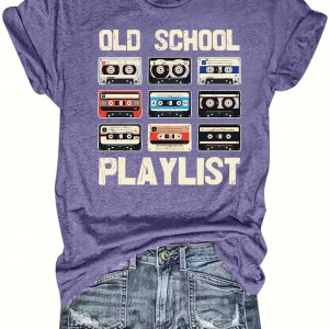 Tape & Letter Print Crew Neck T-Shirt, Casual Short Sleeve T-Shirt For Spring & Summer, Women's Clothing