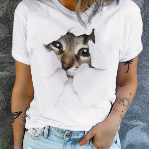 Cute Cat Print T-Shirt, Crew Neck Short Sleeve T-Shirt, Casual Every Day Tops, Women's Clothing