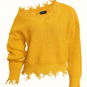 Solid Slant Shoulder Pullover Sweater, Distressed Ripped Raw Hem Long Sleeve Sweater, Women's Clothing