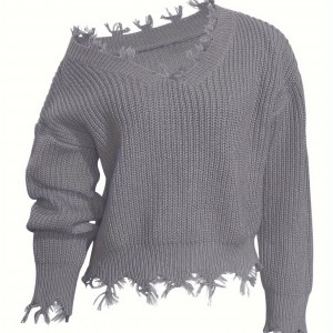 Solid Slant Shoulder Pullover Sweater, Distressed Ripped Raw Hem Long Sleeve Sweater, Women's Clothing
