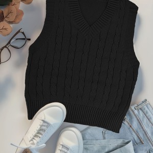 Twist Pattern V Neck Sweater Vest, Y2K Sleeveless Vest For Spring & Fall, Women's Clothing