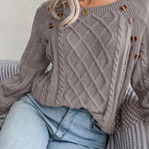 Solid Cable Knit Sweater, Casual Crew Neck Long Sleeve Sweater, Women's Clothing