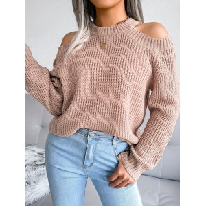 Solid Color Crew Neck Cold Shoulder Knitted Tops, Casual Everyday Pullover Sweaters, Women's Clothing