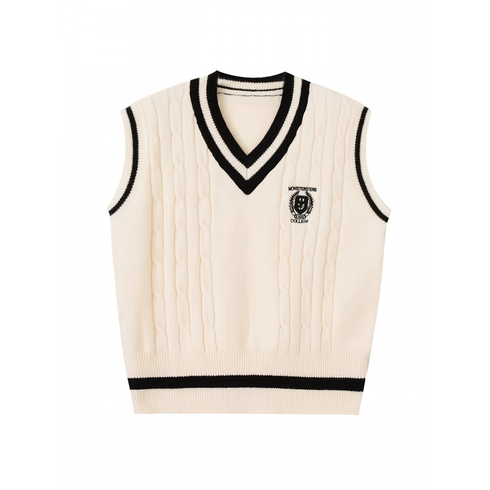 Badge Pattern V Neck Knitted Vest, Casual Sleeveless Preppy Style Sweater, Women's Clothing