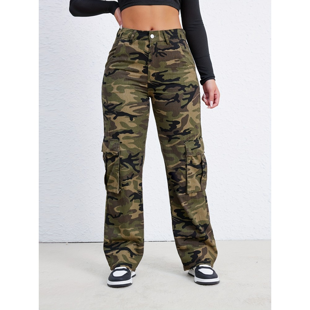 Camo Flap Pockets Cargo Pants, Loose Fit High Waist Straight Jeans, Women's Denim Jeans & Clothing