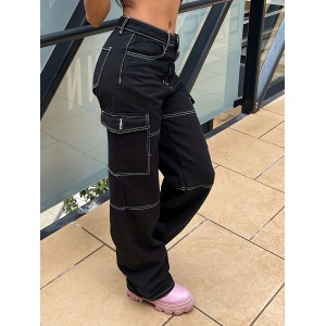 Flap Pockets Y2K & Kpop Style Cargo Pants, Loose Fit Street Non-Stretch Straight Jeans, Women's Denim Jeans & Clothing