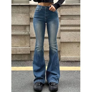 Plain Washed Retro Flare Jeans, Slim Fit High Stretch Slant Pockets Bell Bottom Jeans, Women's Denim Jeans & Clothing